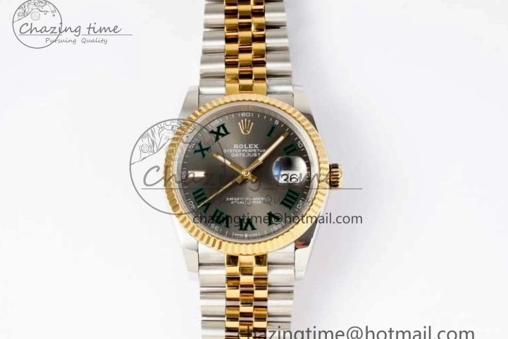 DIWF 904L SA3235 1:1 YG DateJust on Steel Bracelet Jubilee 36mm Best SS Markers Gray Dial Edition Green 0404